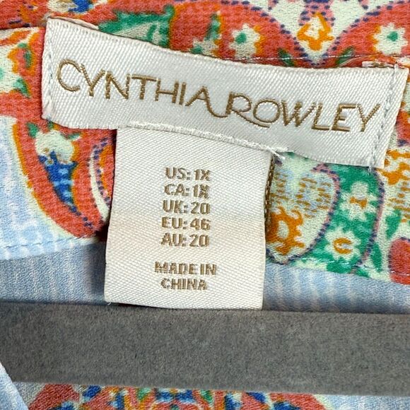 Cynthia Rowley Top Women 1X Blue Orange Medallion Print Split Neck Boho Tunic - Picture 6 of 9